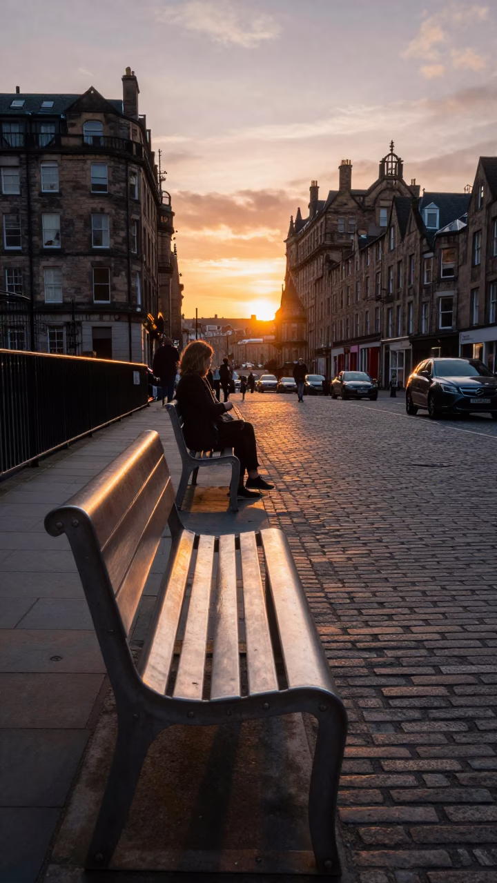 Edinburgh Street Scene at Dusk with Brushed Steel Bench and Blue Porcelain Bowl in in Edinburgh, United Kingdom