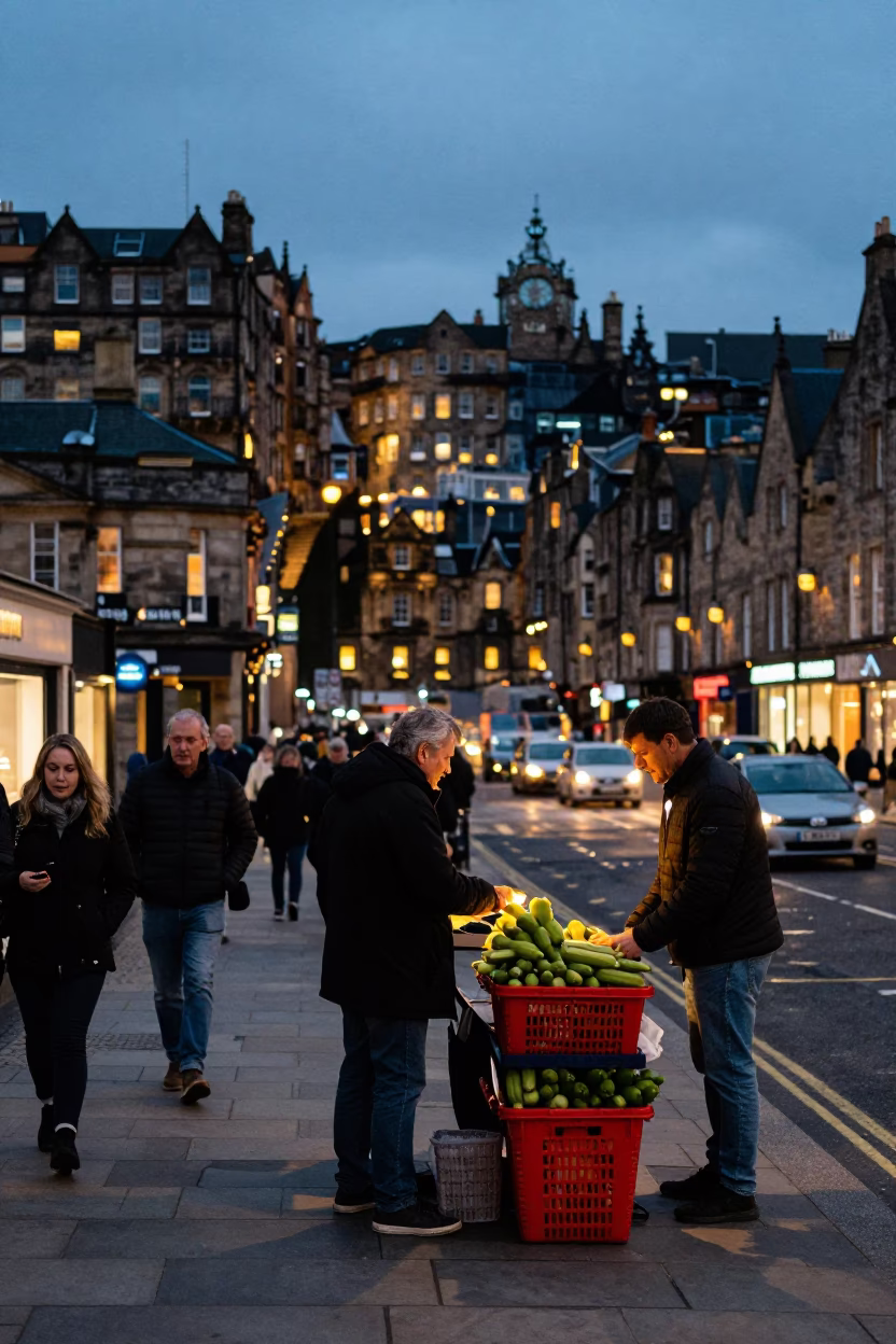 Edinburgh street scene at dusk with city lights glowing and vibrant colorful urban details in in Edinburgh, United Kingdom