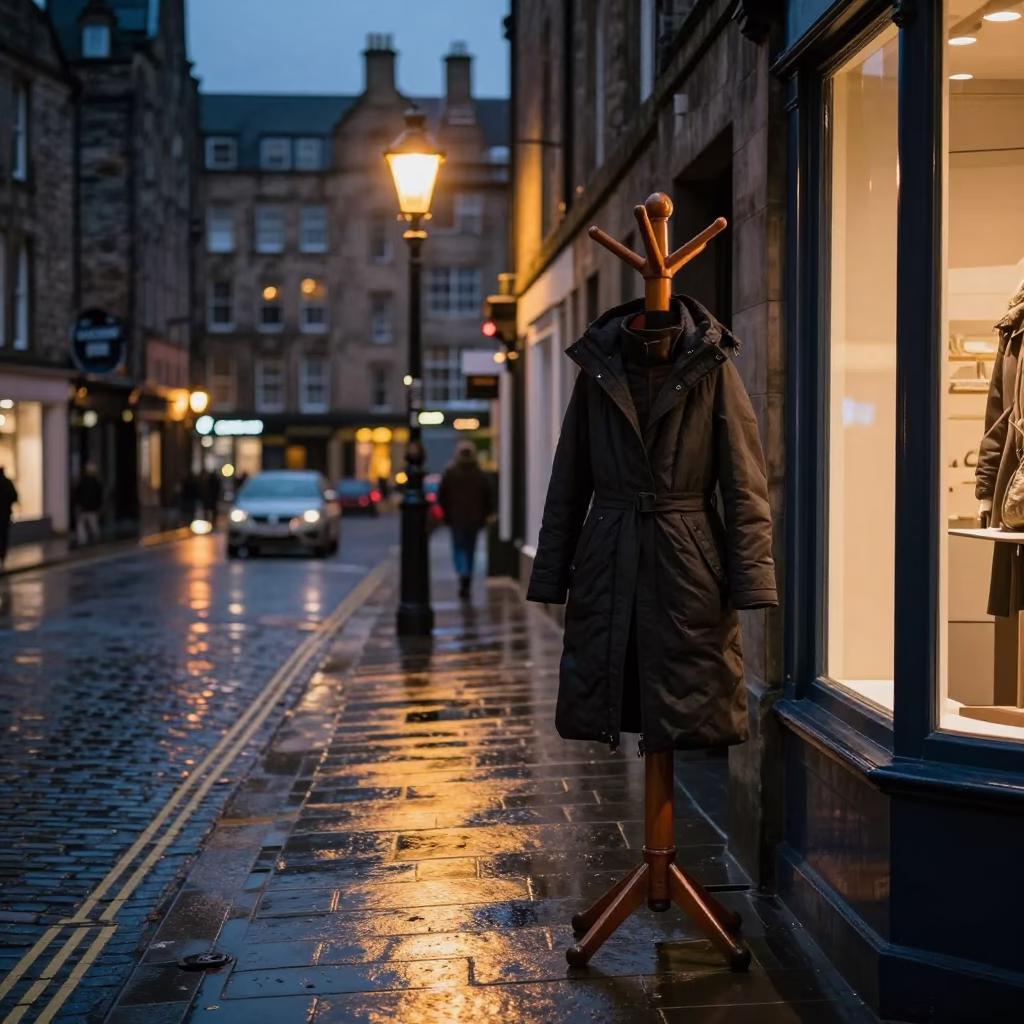 Edinburgh Street Scene at Dusk with Coat Stand and Hydrangeas in in Edinburgh, United Kingdom