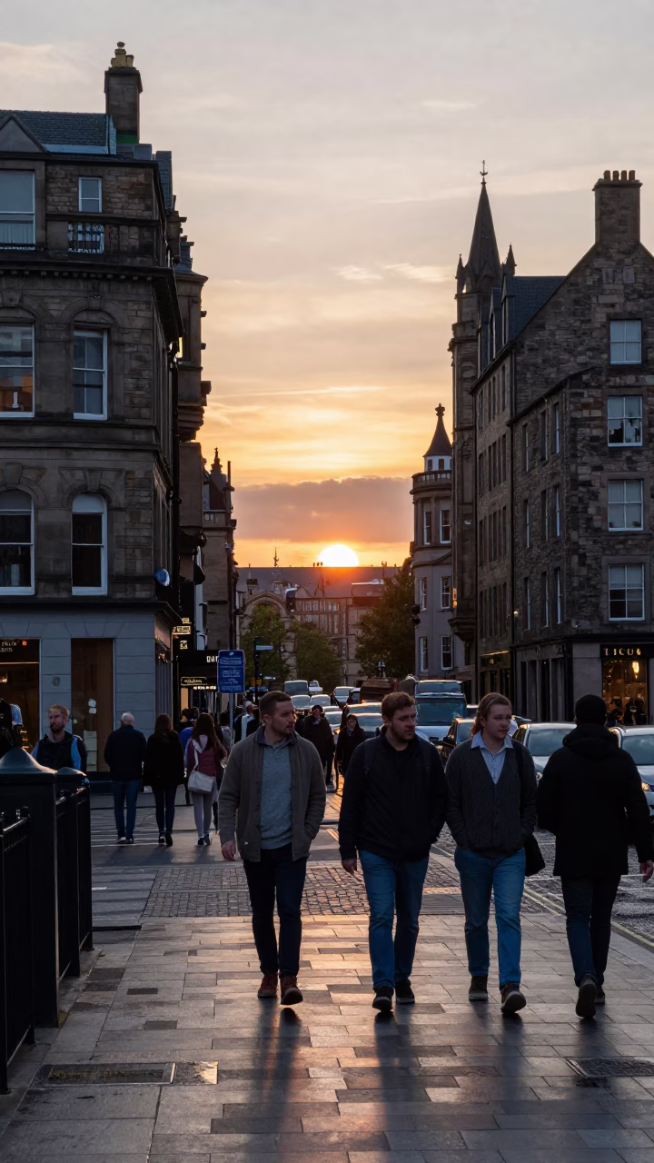 Edinburgh Street Scene at Dusk with Commuters in Cardigans Near Historic Stone Architecture in in Edinburgh, United Kingdom