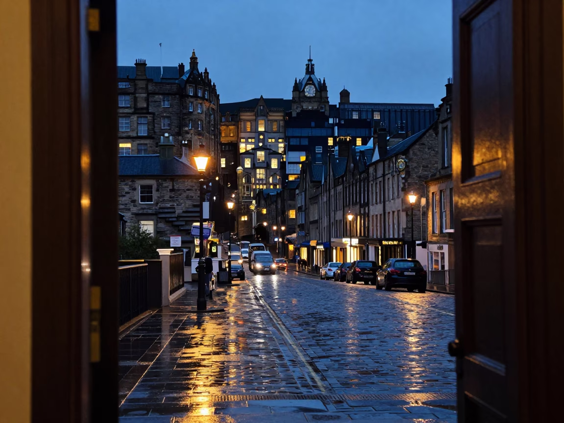 Edinburgh Street Scene at Dusk with Doorframe and City Lights in in Edinburgh, United Kingdom