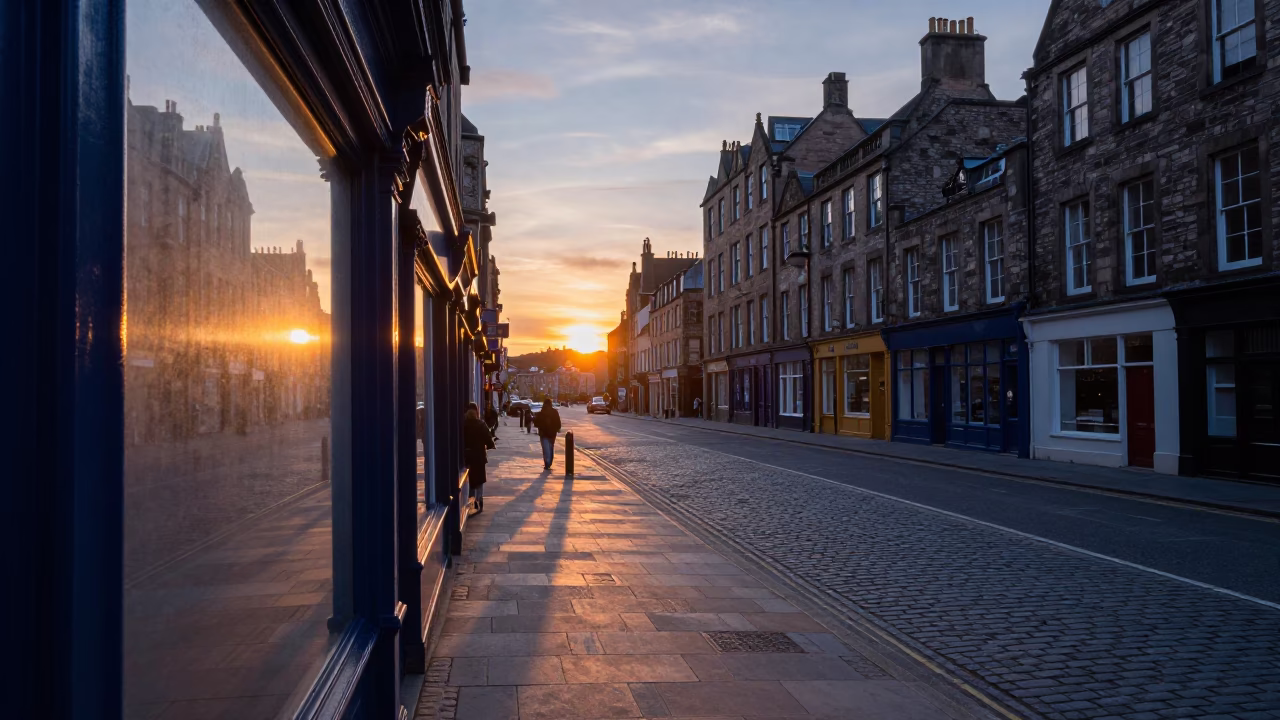 Edinburgh Street Scene at Dusk with Fogged Window and Urban Details in in Edinburgh, United Kingdom