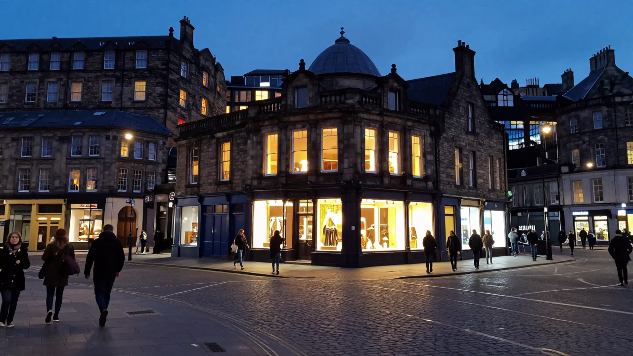 Edinburgh Street Scene at Dusk with Glowing Shop Windows and Urban Life in in Edinburgh, United Kingdom