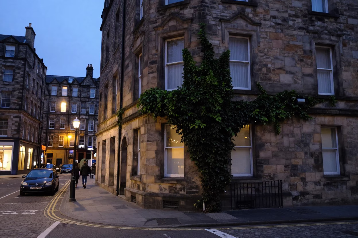 Edinburgh Street Scene at Dusk with Ivy and Steel Details in in Edinburgh, United Kingdom