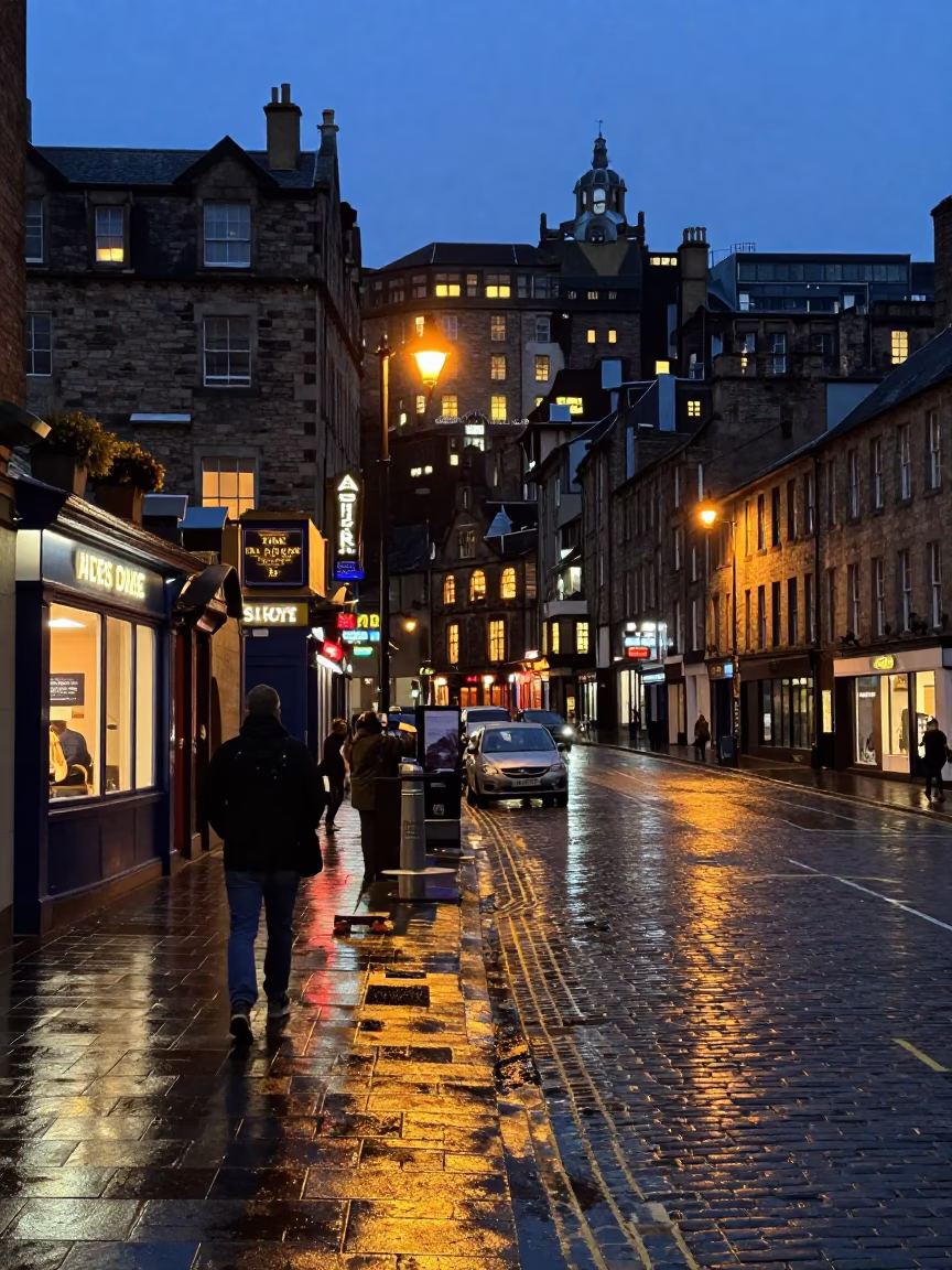 Edinburgh Street Scene at Dusk with Local Diner and Rain-Slicked Pavement in in Edinburgh, United Kingdom