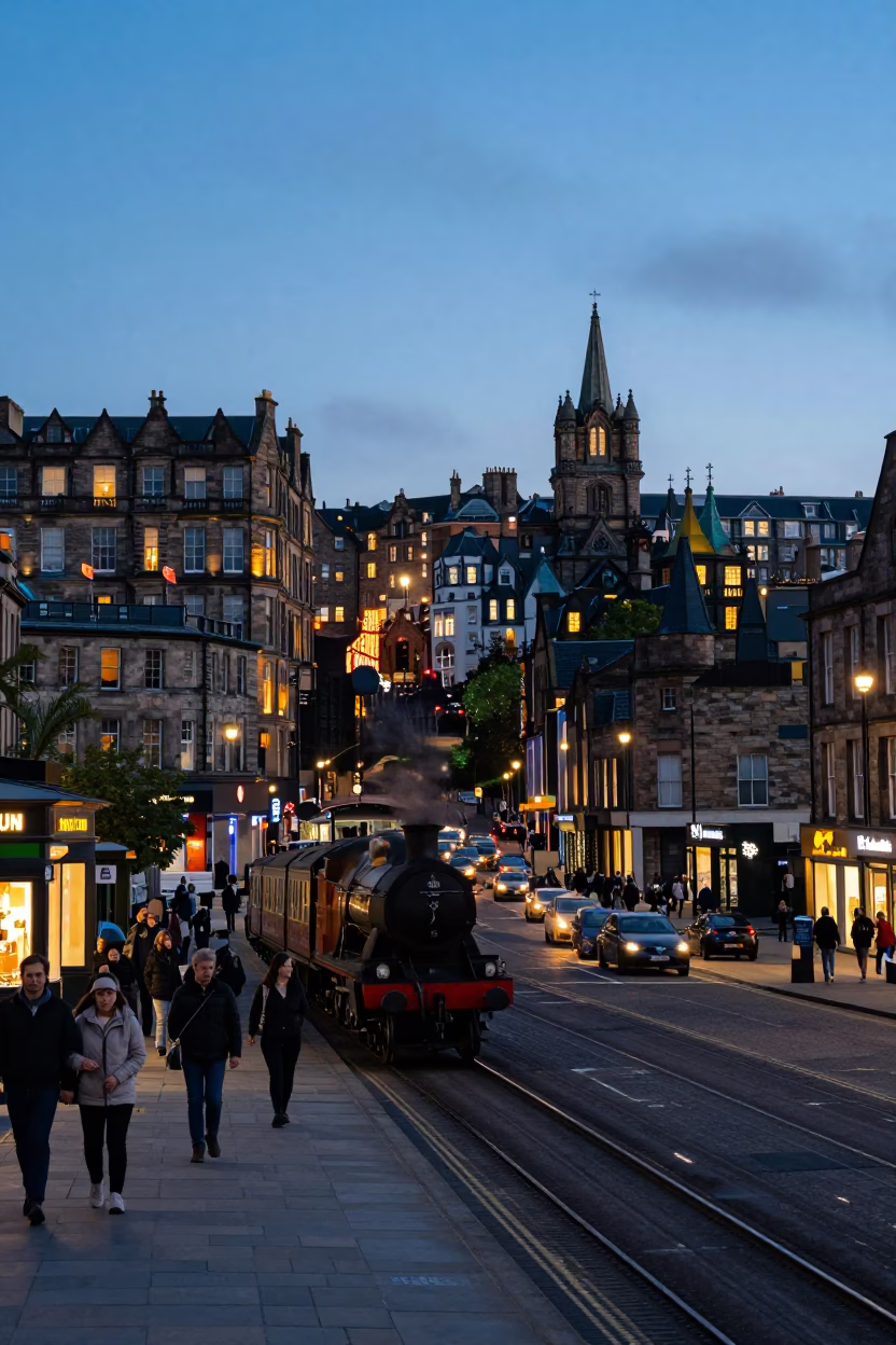 Edinburgh Street Scene at Dusk with Steam Train and Local Interaction in in Edinburgh, United Kingdom