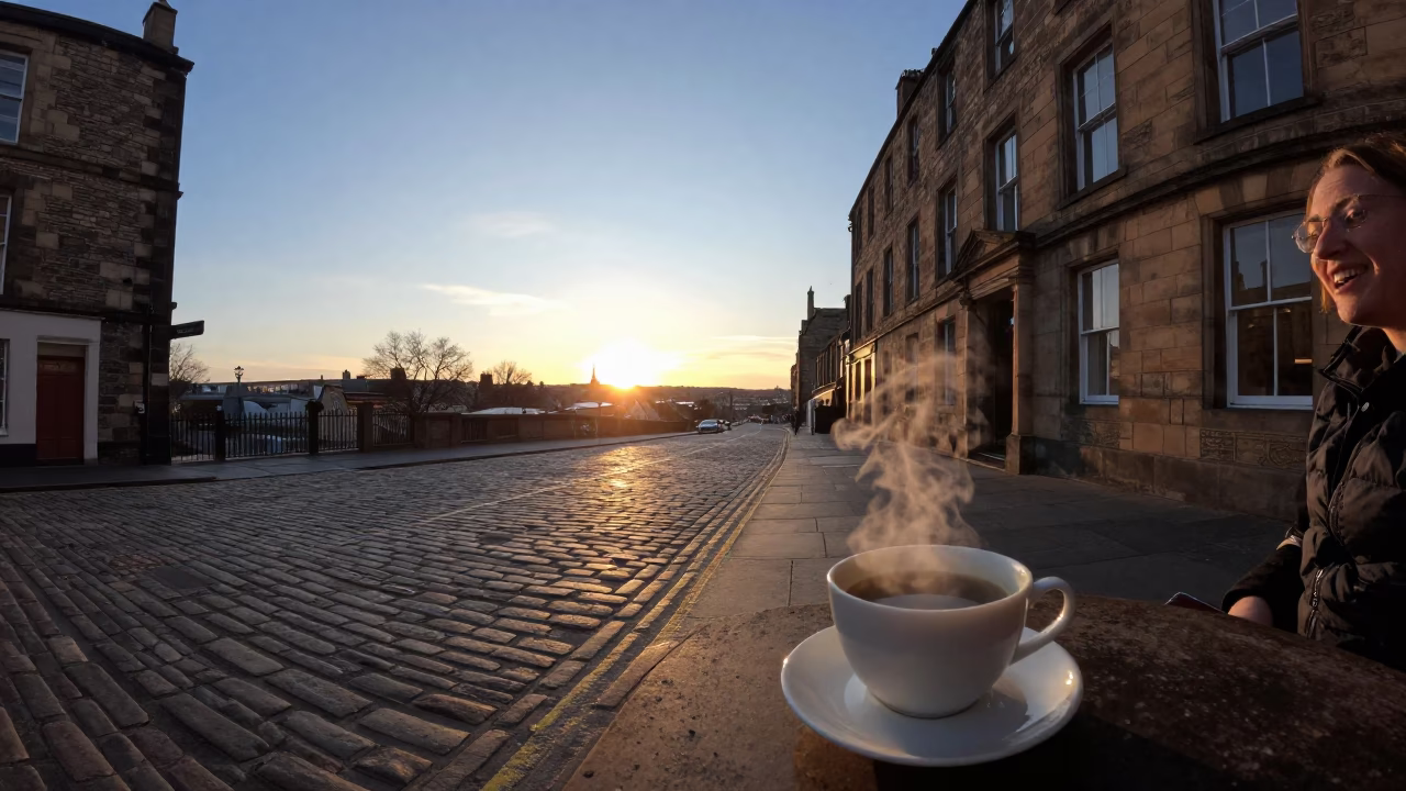Edinburgh Street Scene at Dusk with Steaming Genmaicha Tea and Local Atmosphere in in Edinburgh, United Kingdom