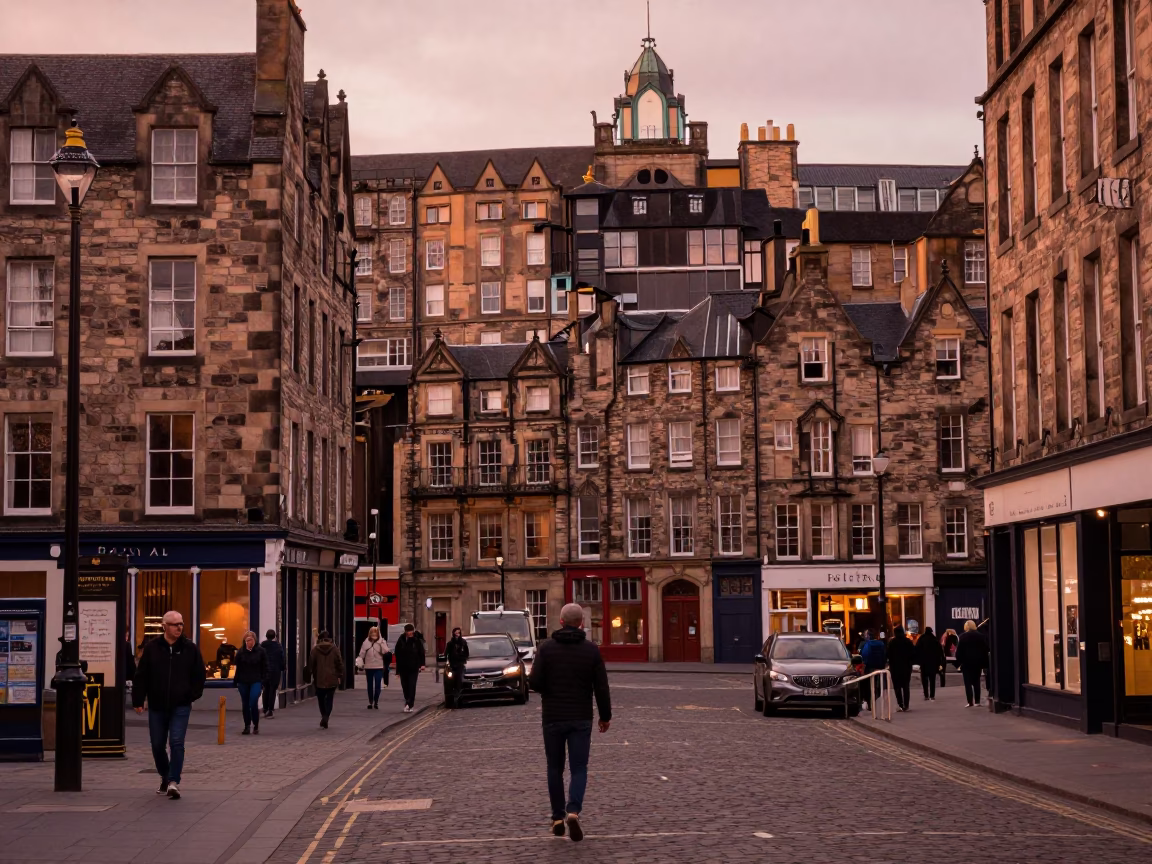 Edinburgh Street Scene at Dusk with Stone Architecture and Urban Life in in Edinburgh, United Kingdom