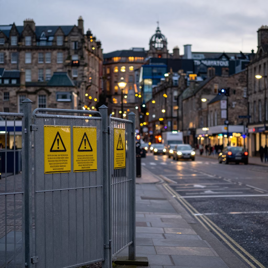 Edinburgh Street Scene at Dusk with Substation Fence and City Lights Glowing in in Edinburgh, United Kingdom