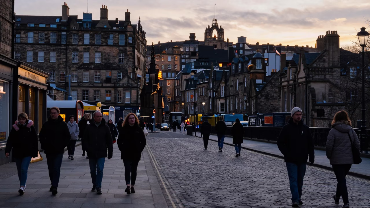 Edinburgh street scene at dusk with tourists and historic architecture in in Edinburgh, United Kingdom