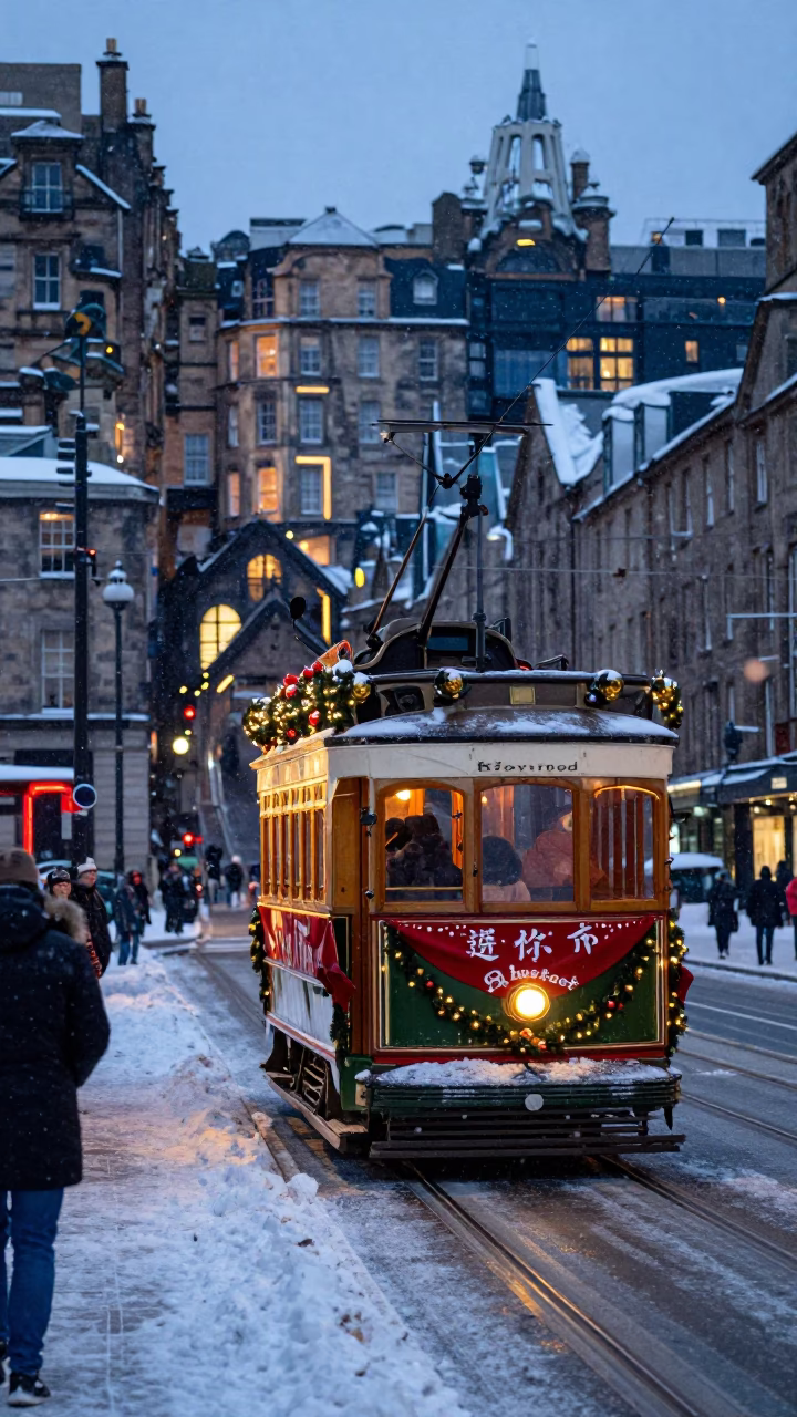 Edinburgh Street Scene at Dusk with Vintage Tram and Snowy Avenue in in Edinburgh, United Kingdom