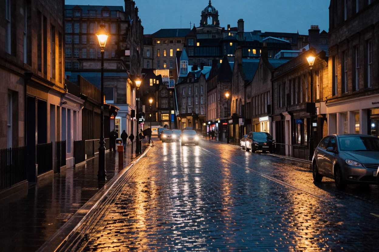 Edinburgh Street Scene at Dusk with Wet Pavement and City Lights Glowing in in Edinburgh, United Kingdom