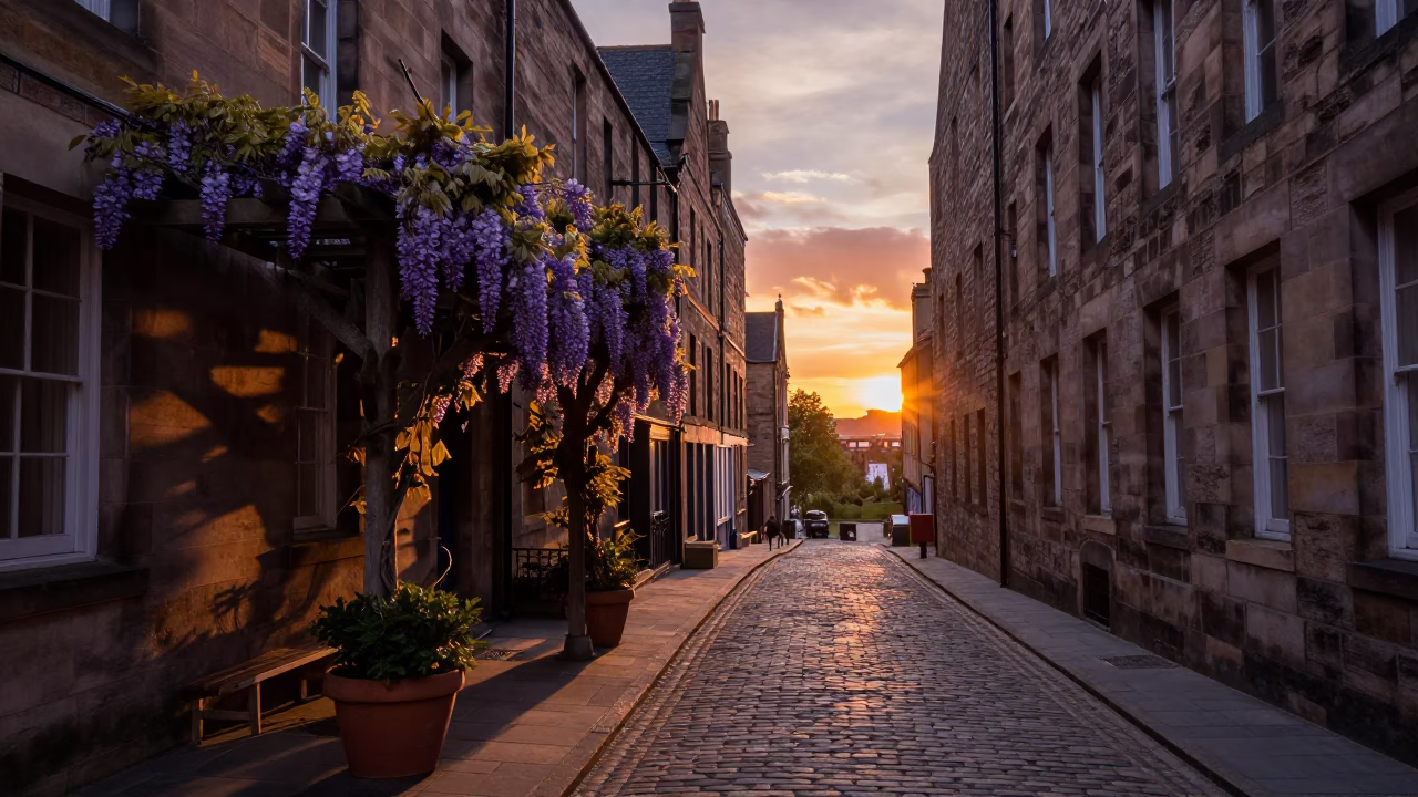 Edinburgh Street Scene at Dusk with Wisteria and Potted Herbs in in Edinburgh, United Kingdom