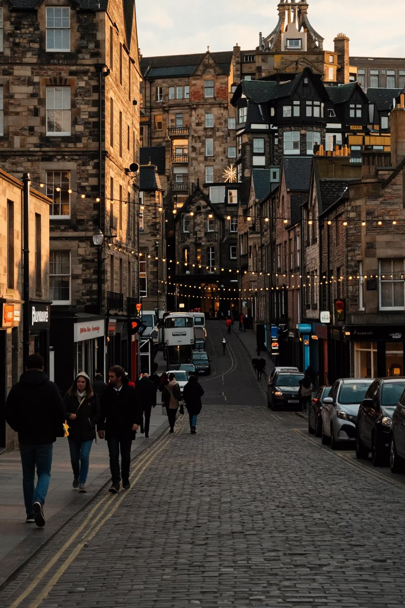 Edinburgh Street Scene at Golden Hour with String Lights and Busy Urban Life in in Edinburgh, United Kingdom