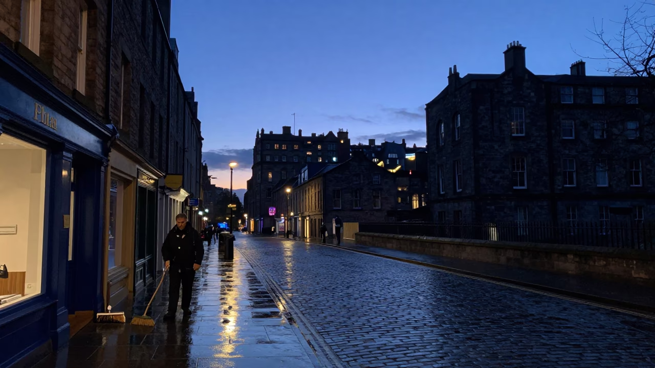 Edinburgh Street Scene at Indigo Twilight with Broom and Umbrella in in Edinburgh, United Kingdom