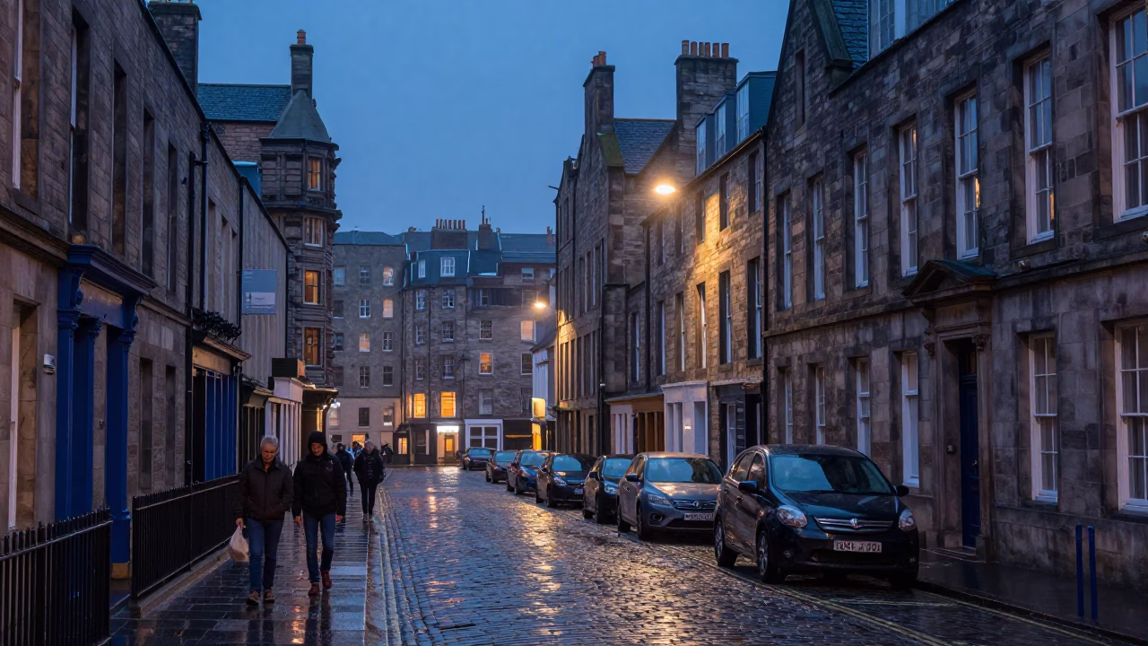 Edinburgh Street Scene at Nautical Dawn with Condensation on Metal Handle in in Edinburgh, United Kingdom