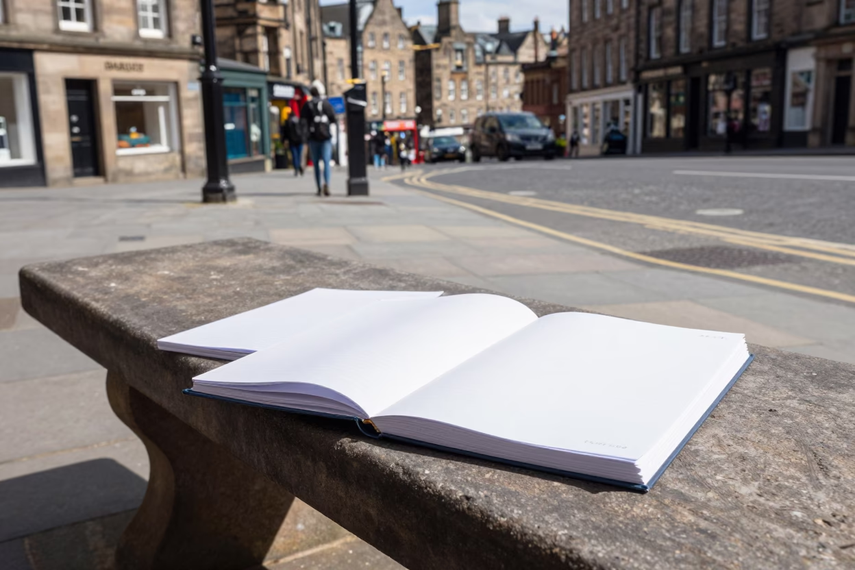 Edinburgh Street Scene at Noon with Blank Notebooks and Lockbox on Stone Bench in in Edinburgh, United Kingdom