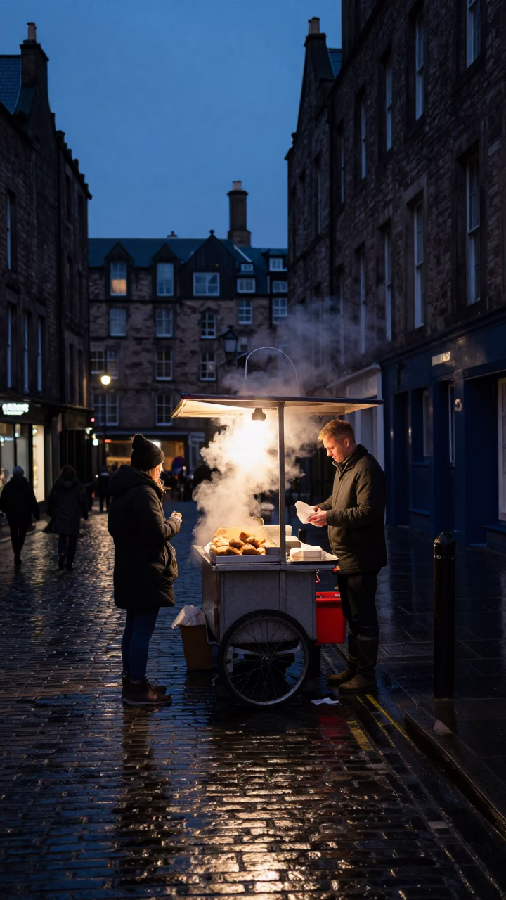Edinburgh Street Scene at Predawn with Local Vendor and Measuring Tapes in in Edinburgh, United Kingdom