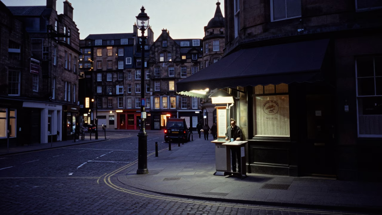 Edinburgh Street Scene at Predawn with Valet Stand and Hotel Awning Reflections in in Edinburgh, United Kingdom