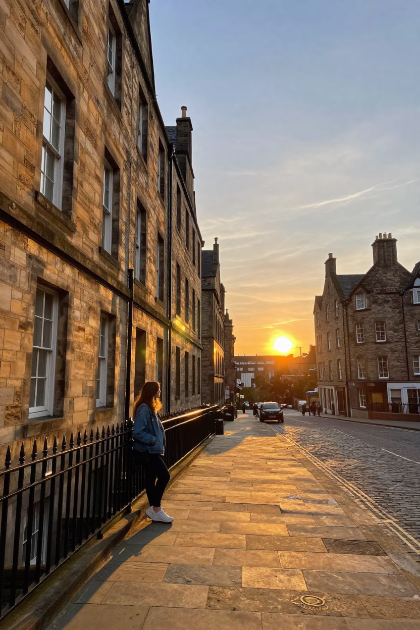 Edinburgh street scene at sunset with historic sandstone architecture and casual pedestrians in in Edinburgh, United Kingdom