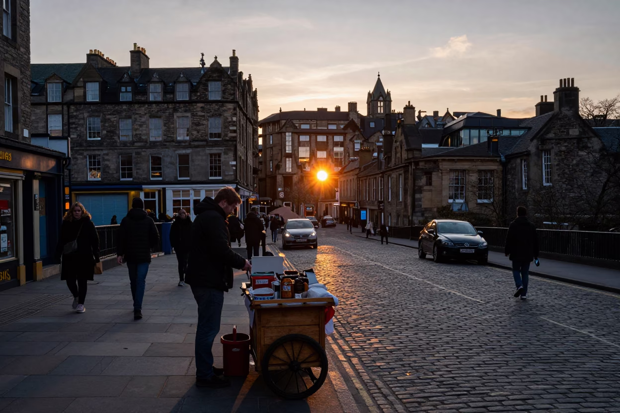 Edinburgh Street Scene at Sunset with Local Vendor and Passersby in in Edinburgh, United Kingdom