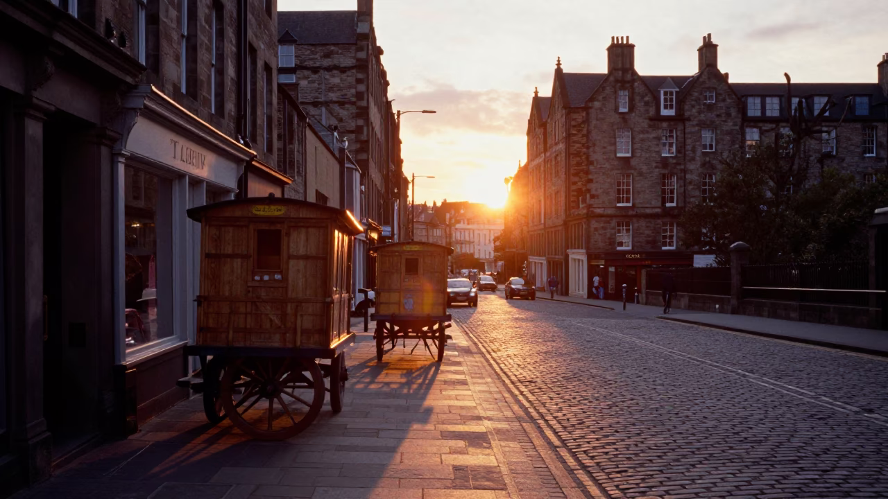 Edinburgh Street Scene at Sunset with Rolling Carts and Local Life in in Edinburgh, United Kingdom