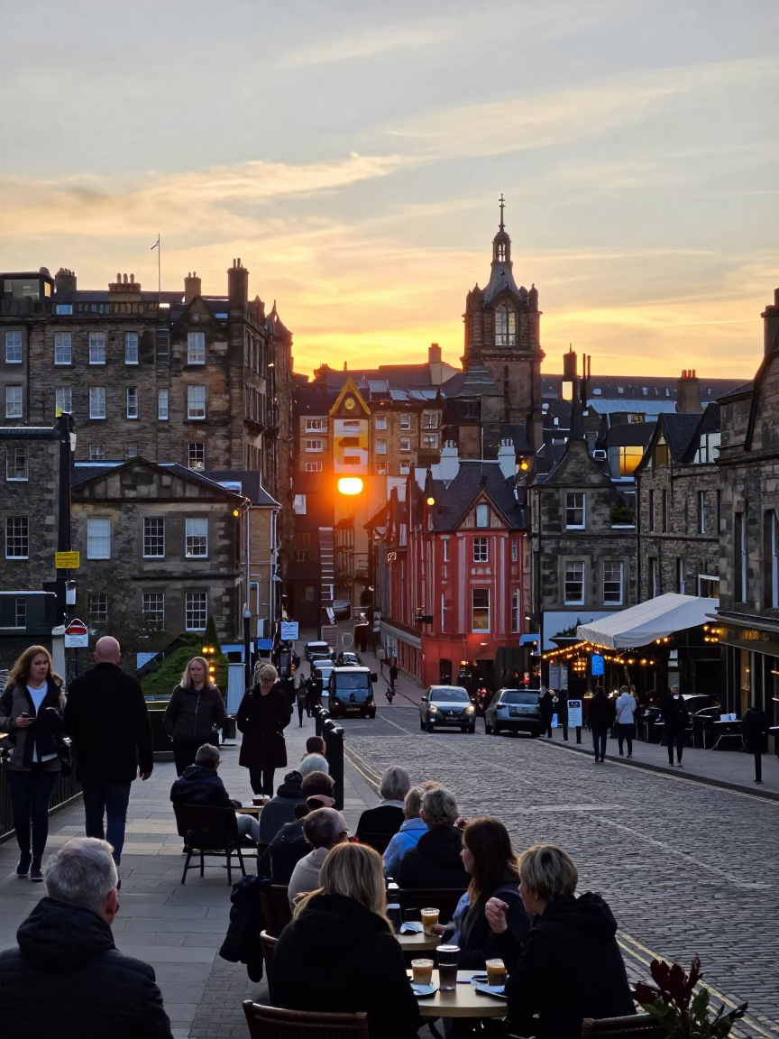 Edinburgh Street Scene at Sunset with Tourists and Historic Architecture in in Edinburgh, United Kingdom