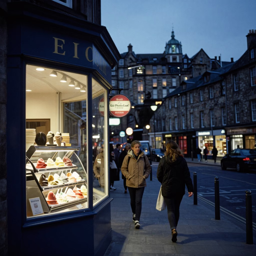 Edinburgh Street Scene at Twilight with Gelato Display and Whisk Detail in in Edinburgh, United Kingdom