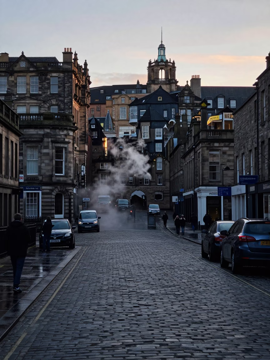 Edinburgh Street Scene Before Dawn with Steam and Urban Details in in Edinburgh, United Kingdom