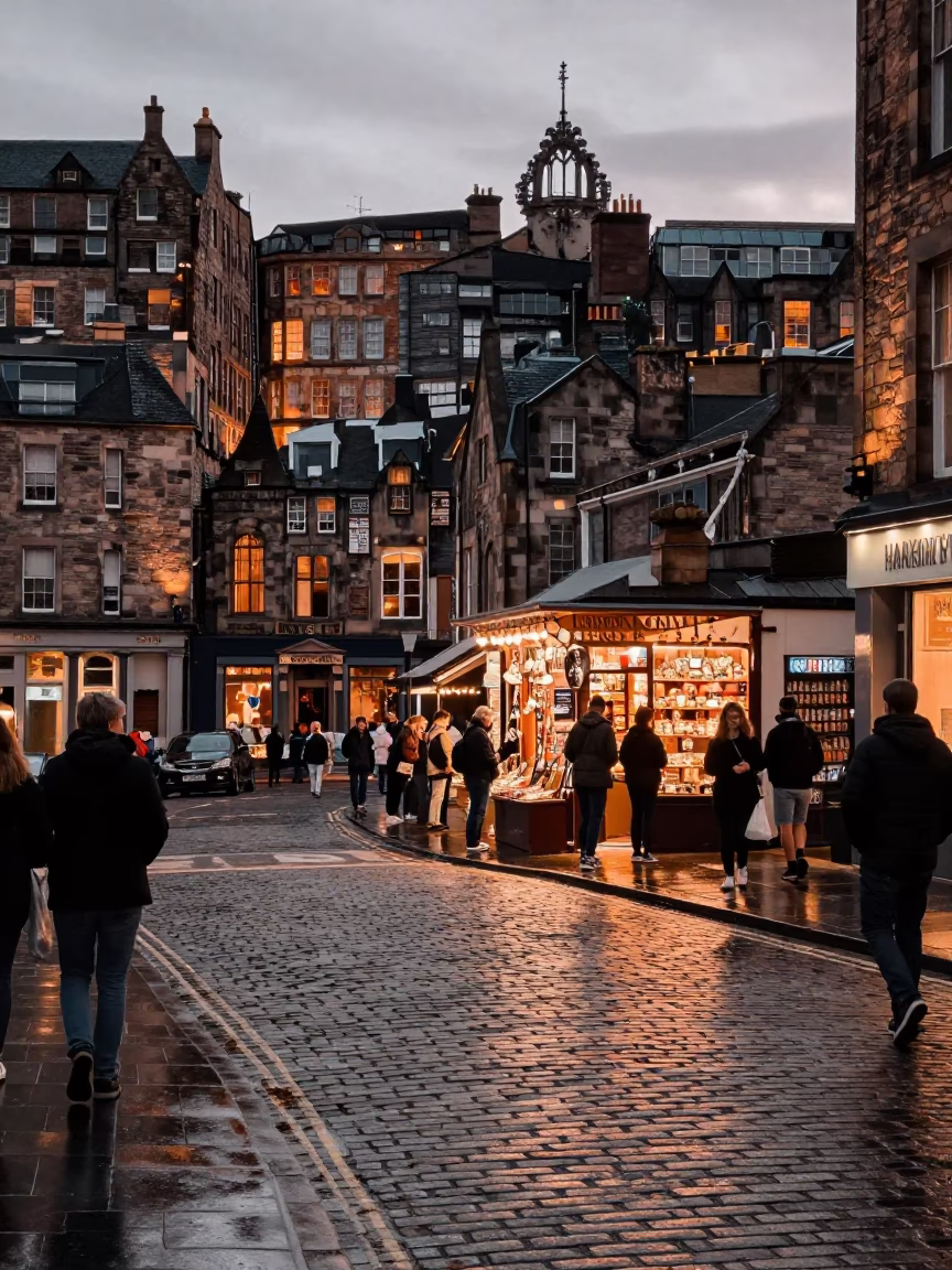 Edinburgh Street Scene Before Dusk with Chai and Souvenirs in Copper Light in in Edinburgh, United Kingdom
