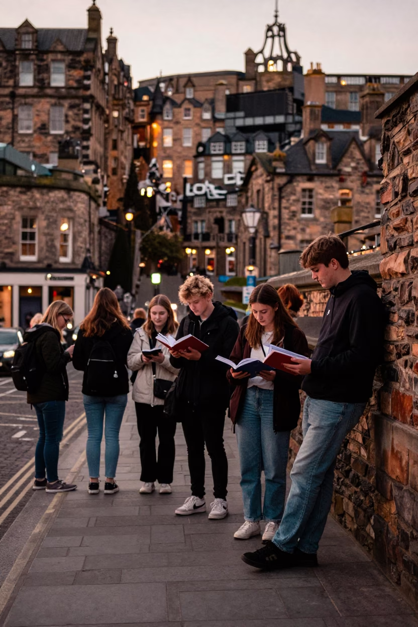 Edinburgh Street Scene Before Dusk with Students and Urban Details in in Edinburgh, United Kingdom