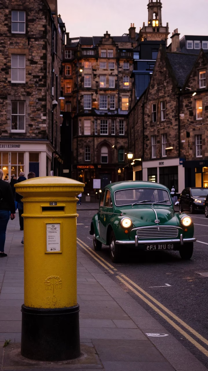 Edinburgh Street Scene Before Dusk with Yellow Postbox and Vintage Cars in in Edinburgh, United Kingdom