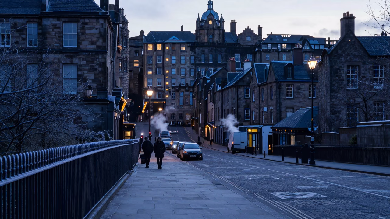 Edinburgh Street Scene Before Sunrise With Steaming District Heating Pipe Behind Frost in in Edinburgh, United Kingdom