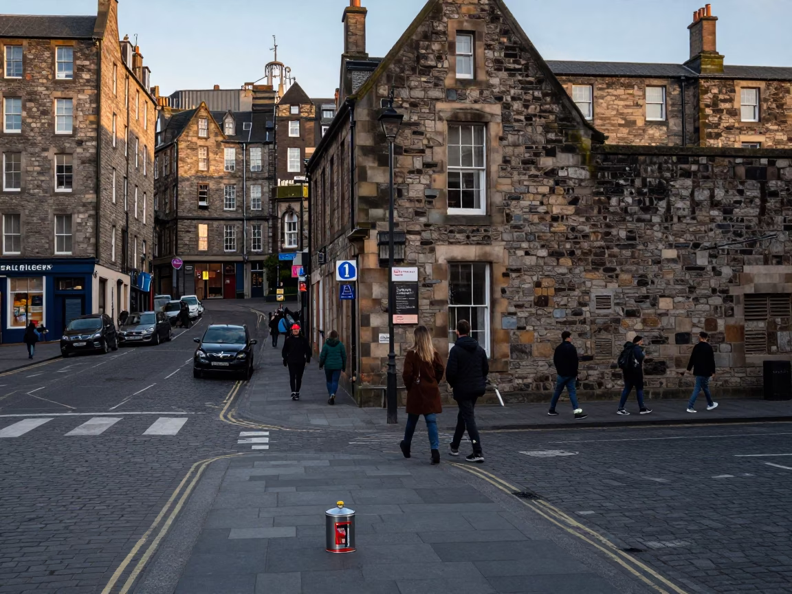 Edinburgh Street Scene Early Afternoon with Coffee Tin and Succulents in in Edinburgh, United Kingdom