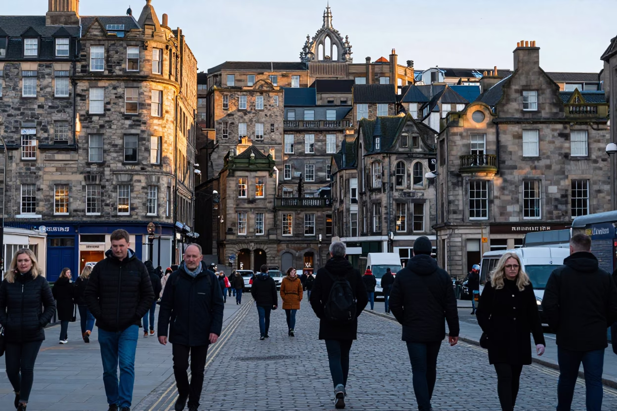 Edinburgh Street Scene First Light Busy Crowd Historic Stone Architecture Candid Moment in in Edinburgh, United Kingdom