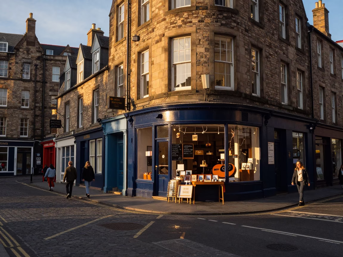 Edinburgh Street Scene Golden Hour with Local Shop Display and Traditional Architecture in in Edinburgh, United Kingdom