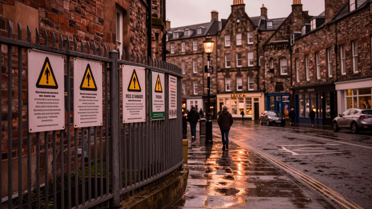 Edinburgh Street Scene in Copper Dusk Light with Brick Architecture and Substation Fence in in Edinburgh, United Kingdom