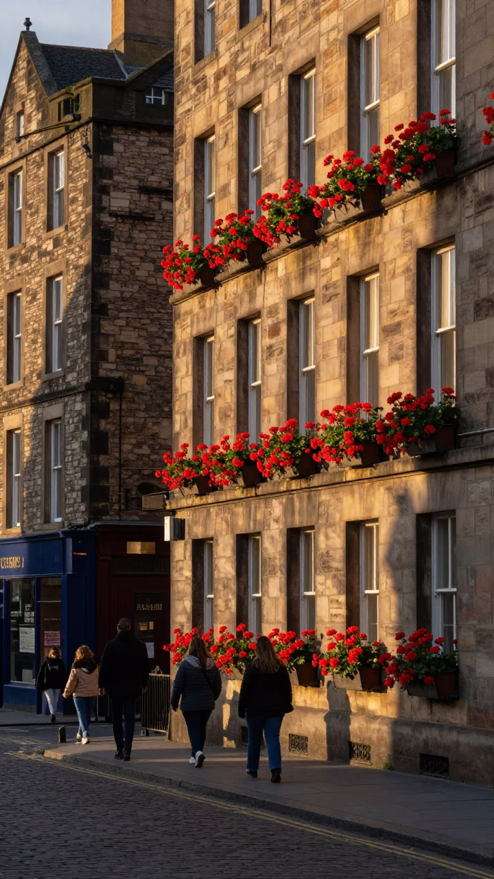 Edinburgh Street Scene in Honeyed Evening Light with Potted Geraniums and Busy Local Life in in Edinburgh, United Kingdom