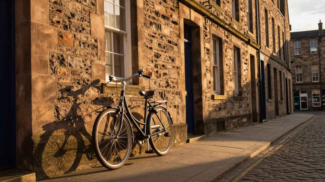 Edinburgh Street Scene in Honeyed Evening Light with Vintage Bicycle and Rain-Slicked Pavement in in Edinburgh, United Kingdom