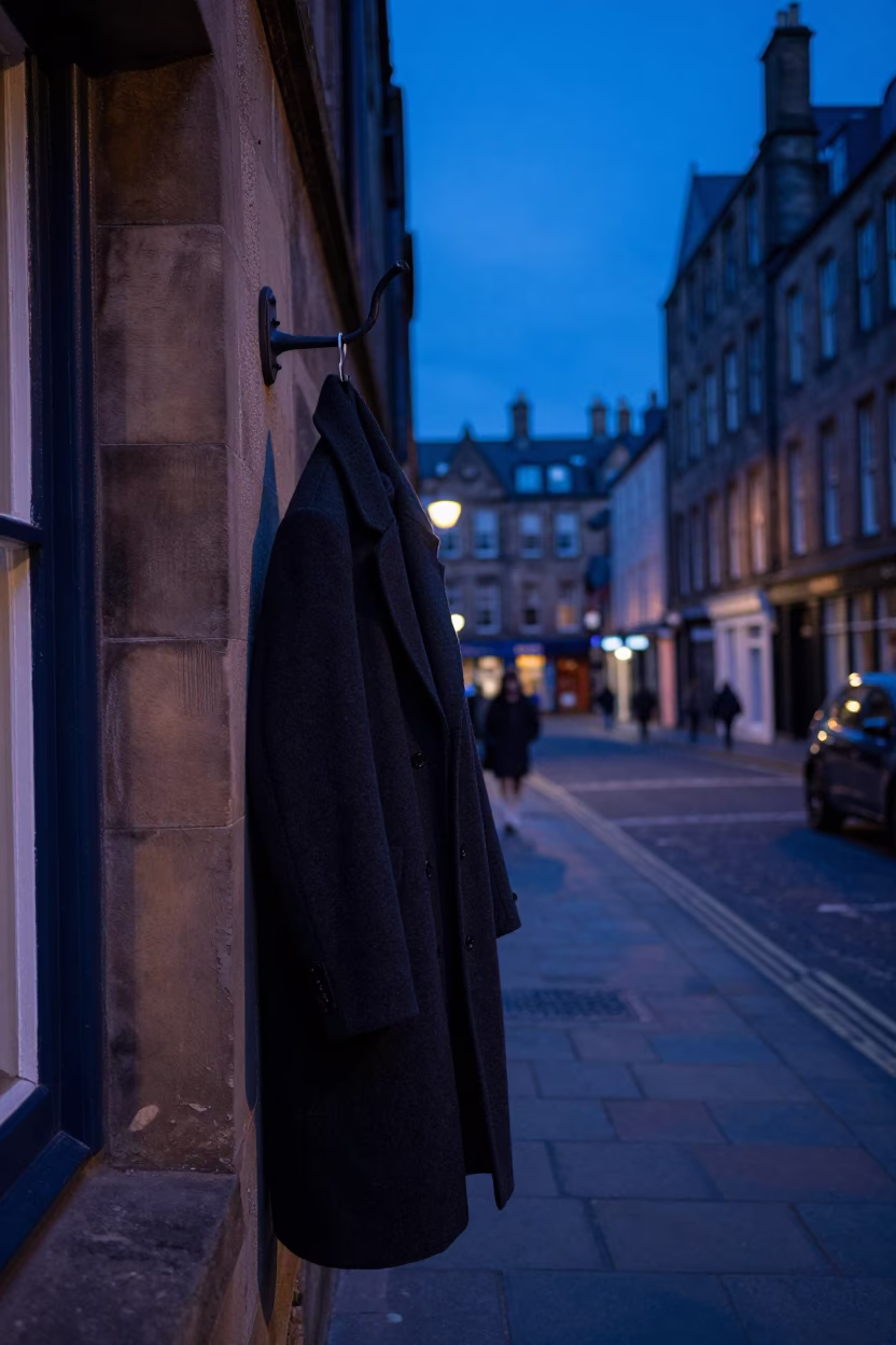 Edinburgh Street Scene in Indigo Twilight with Coats and Urban Details in in Edinburgh, United Kingdom