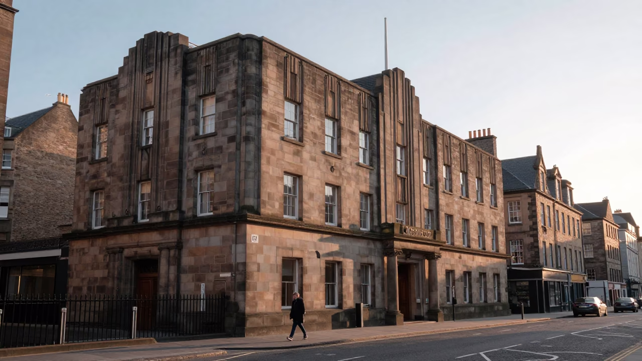 Edinburgh Street Scene Just After Sunrise With Art Deco Hotel Facade in in Edinburgh, United Kingdom