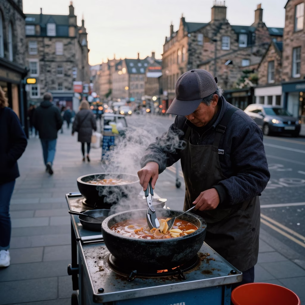 Edinburgh street scene just after sunrise with stone bowl and pruning shears in in Edinburgh, United Kingdom