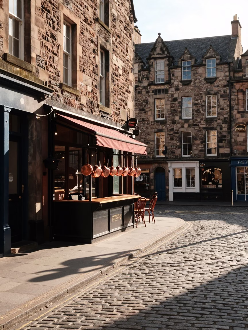 Edinburgh Street Scene Just After Sunrise With Wicker Shadow On Pot Lid in in Edinburgh, United Kingdom