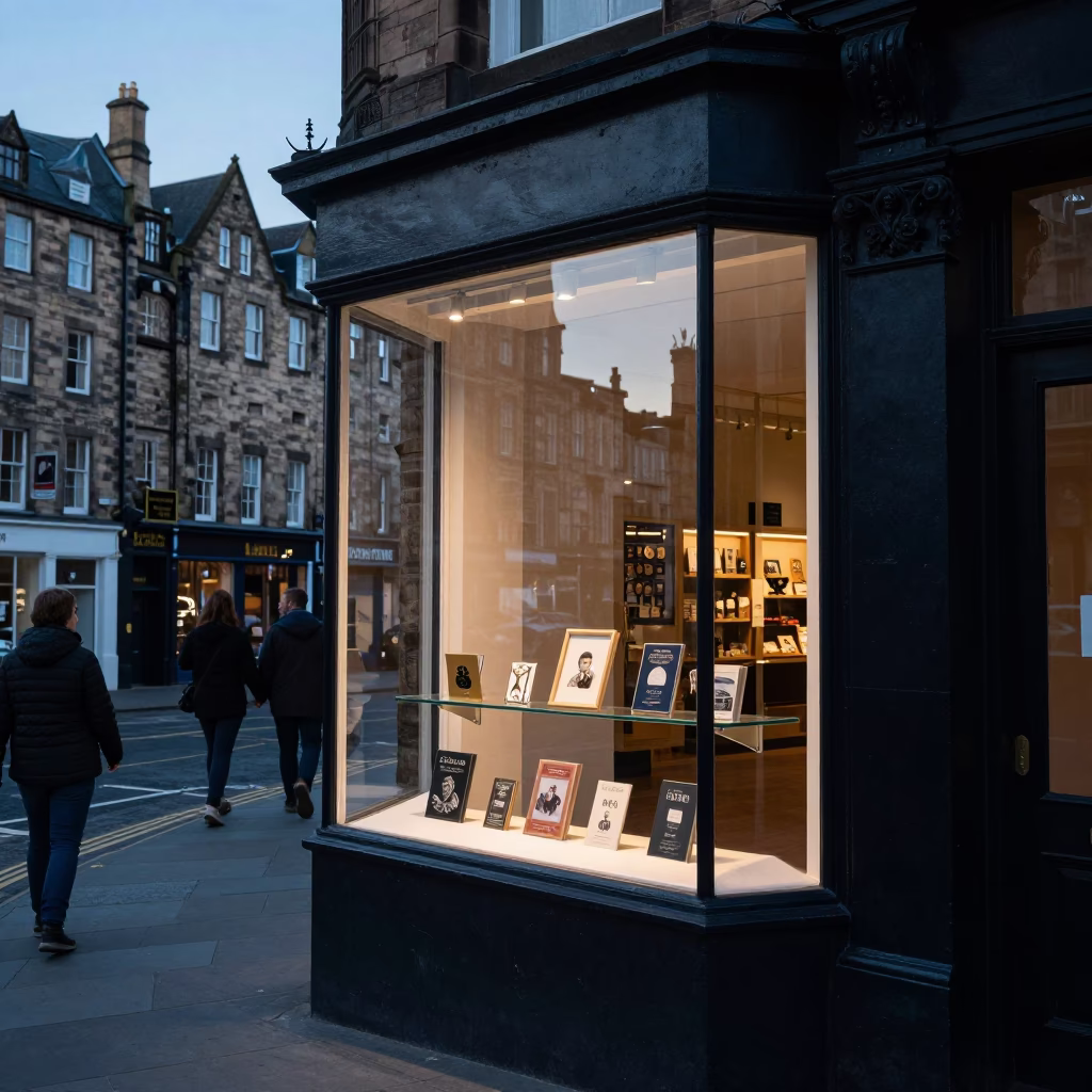Edinburgh Street Scene Late Afternoon Light with Clear Glass Shelf and Shelf Bracket in in Edinburgh, United Kingdom