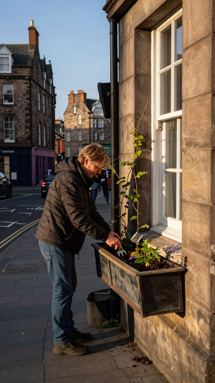 Edinburgh Street Scene Late Afternoon Light with Local Gardening Tools and Vintage Plate in in Edinburgh, United Kingdom