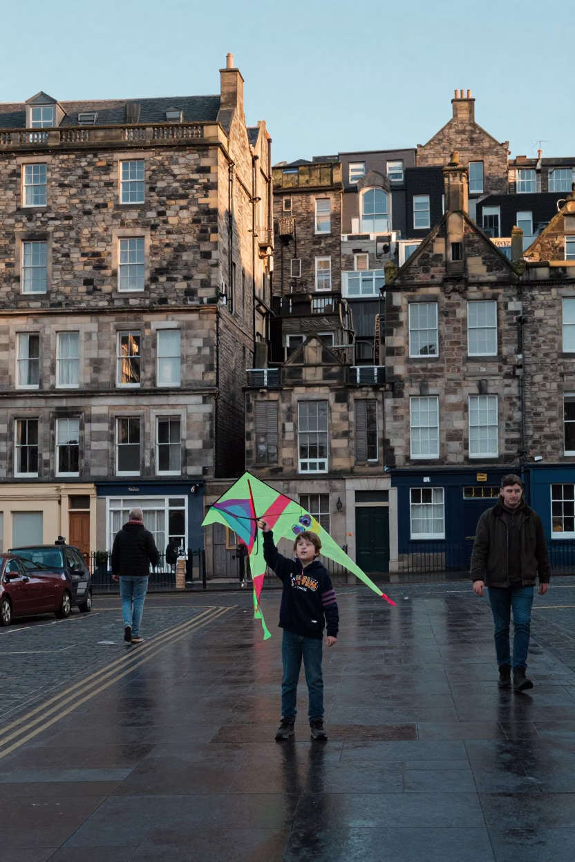 Edinburgh Street Scene Late Afternoon Light with Vintage 1980s Film Aesthetic in in Edinburgh, United Kingdom