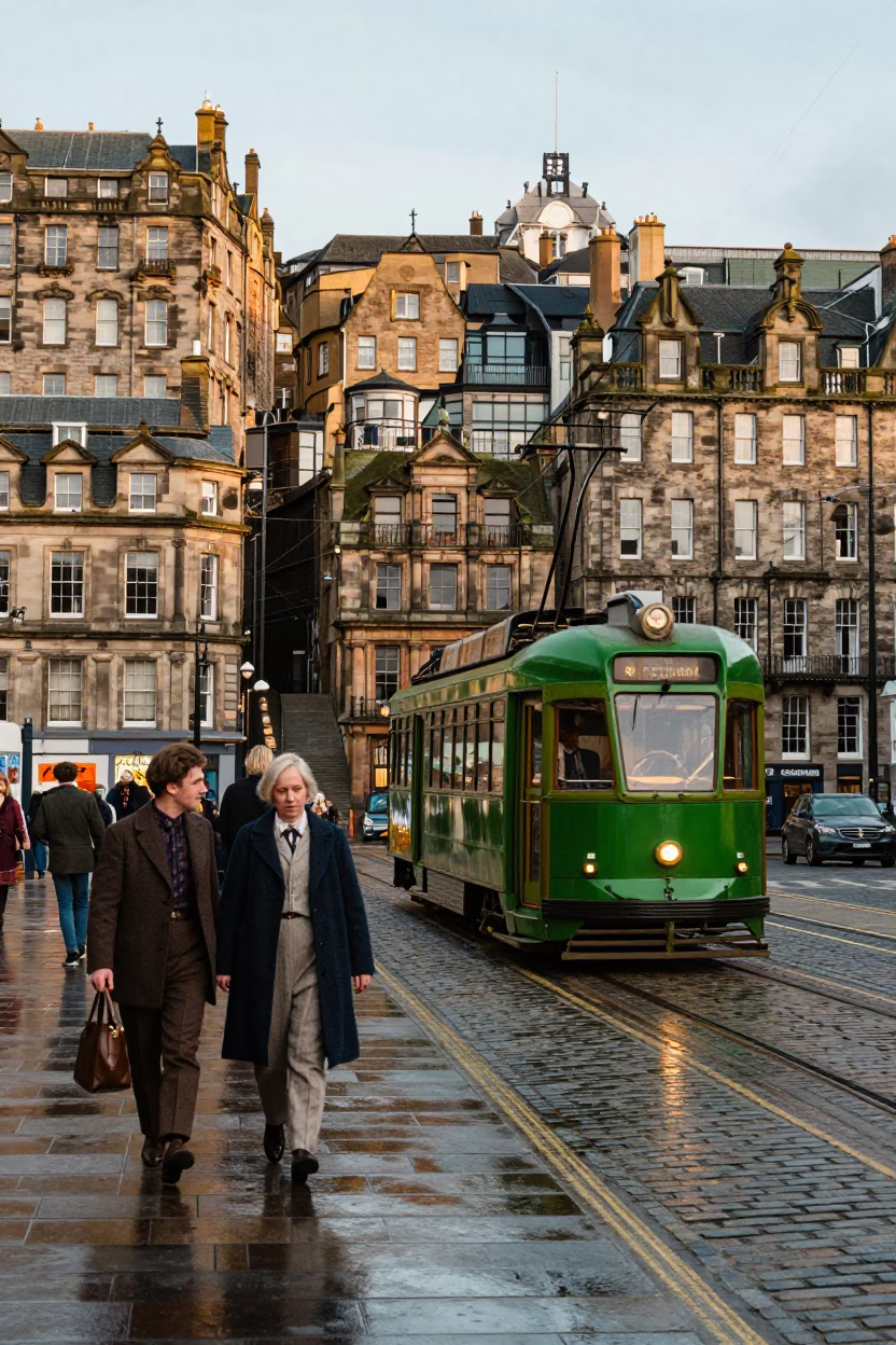 Edinburgh Street Scene Late Morning Tram Passing Art Nouveau Building Facades in in Edinburgh, United Kingdom