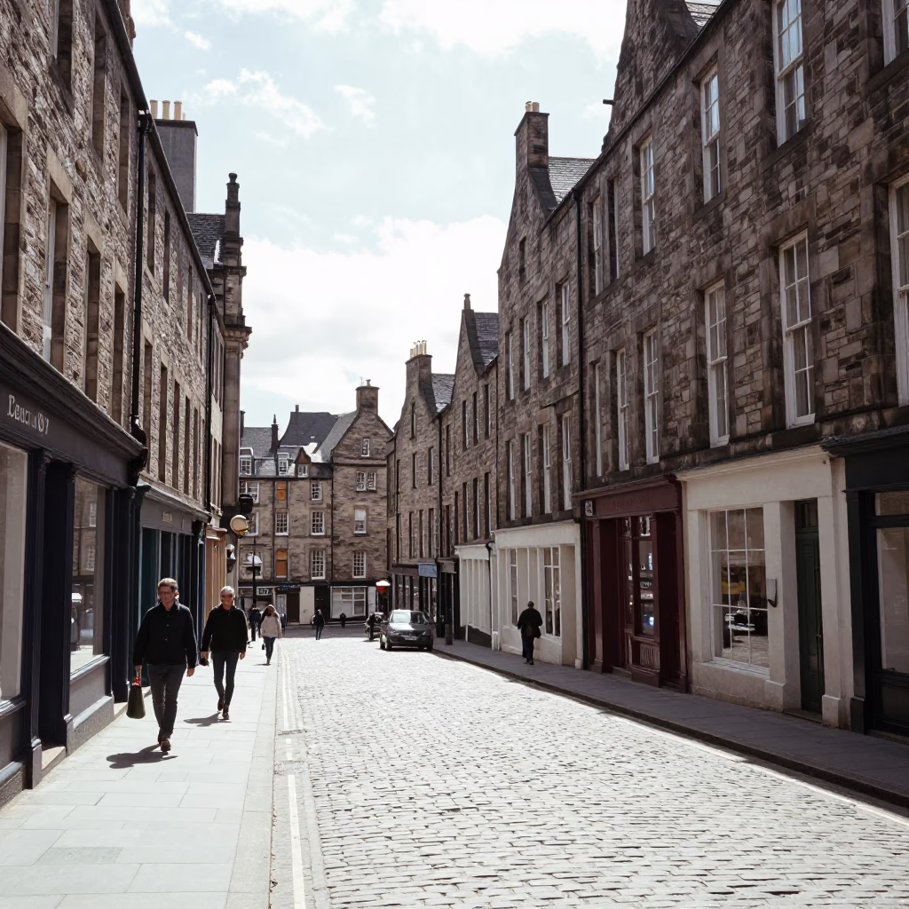 Edinburgh Street Scene Under Flat Noon Light with Vintage 1990s Details in in Edinburgh, United Kingdom