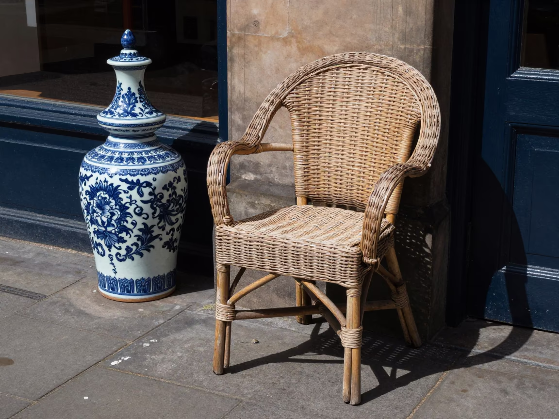 Edinburgh Street Scene with Blue Porcelain and Wicker Chair at Noon in in Edinburgh, United Kingdom