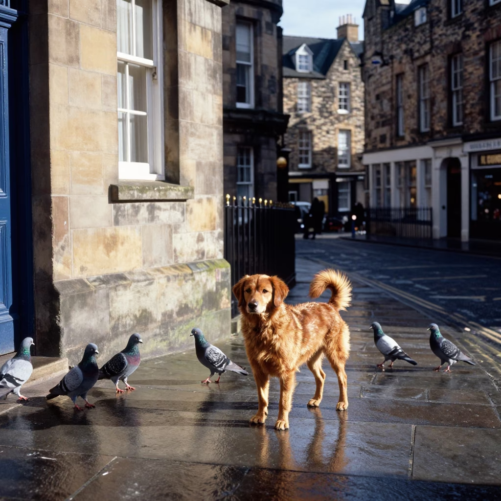 Edinburgh Street Scene with Brown Dog and Pigeons in Bright Late Morning in in Edinburgh, United Kingdom
